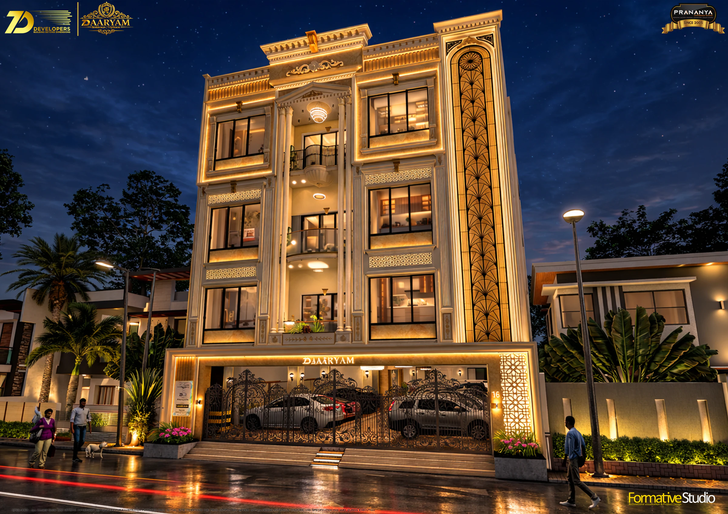 Illuminated night elevation for 7D AARYAM