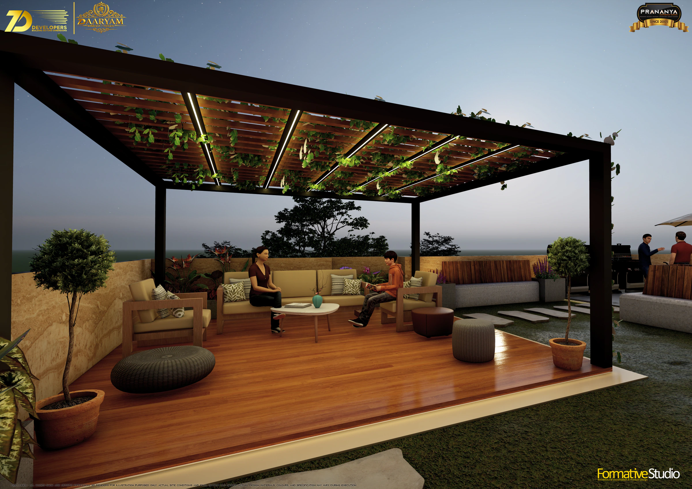 Landscaped rooftop lounge for 7D AARYAM