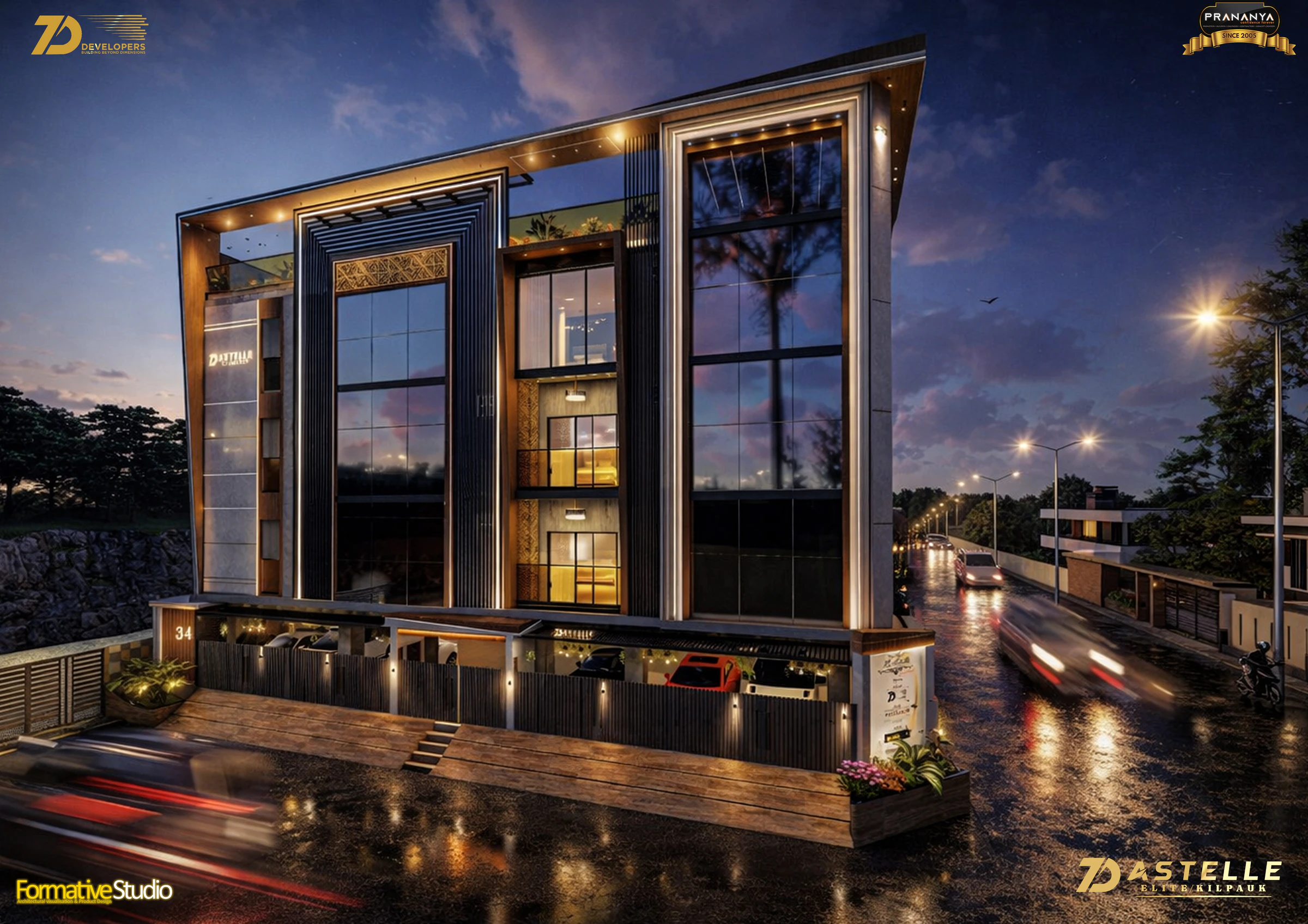 Night elevation perspective for 7D Astelle
