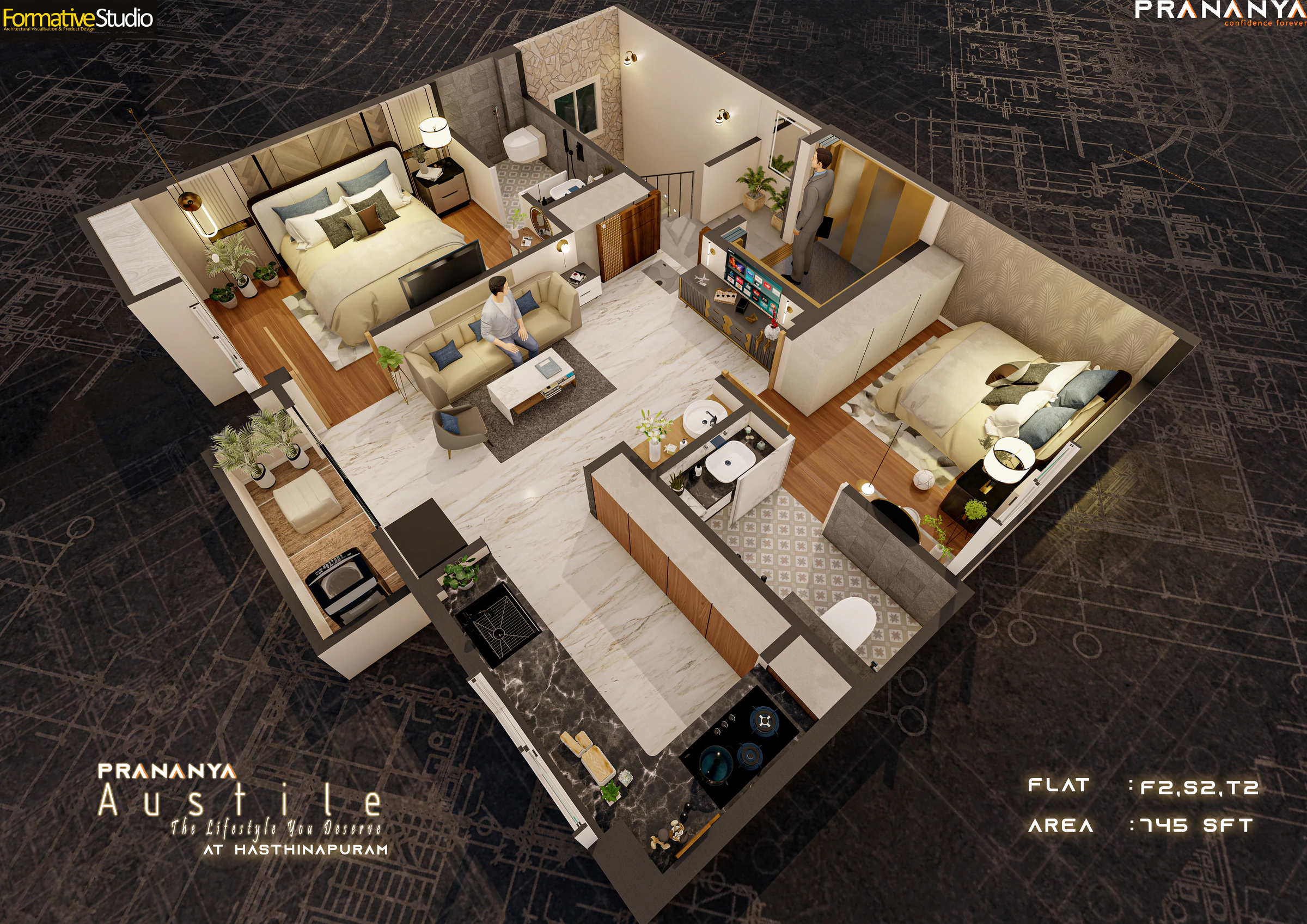 3D floor plan - Flat F2, S2 and T2 for Prananya Austile