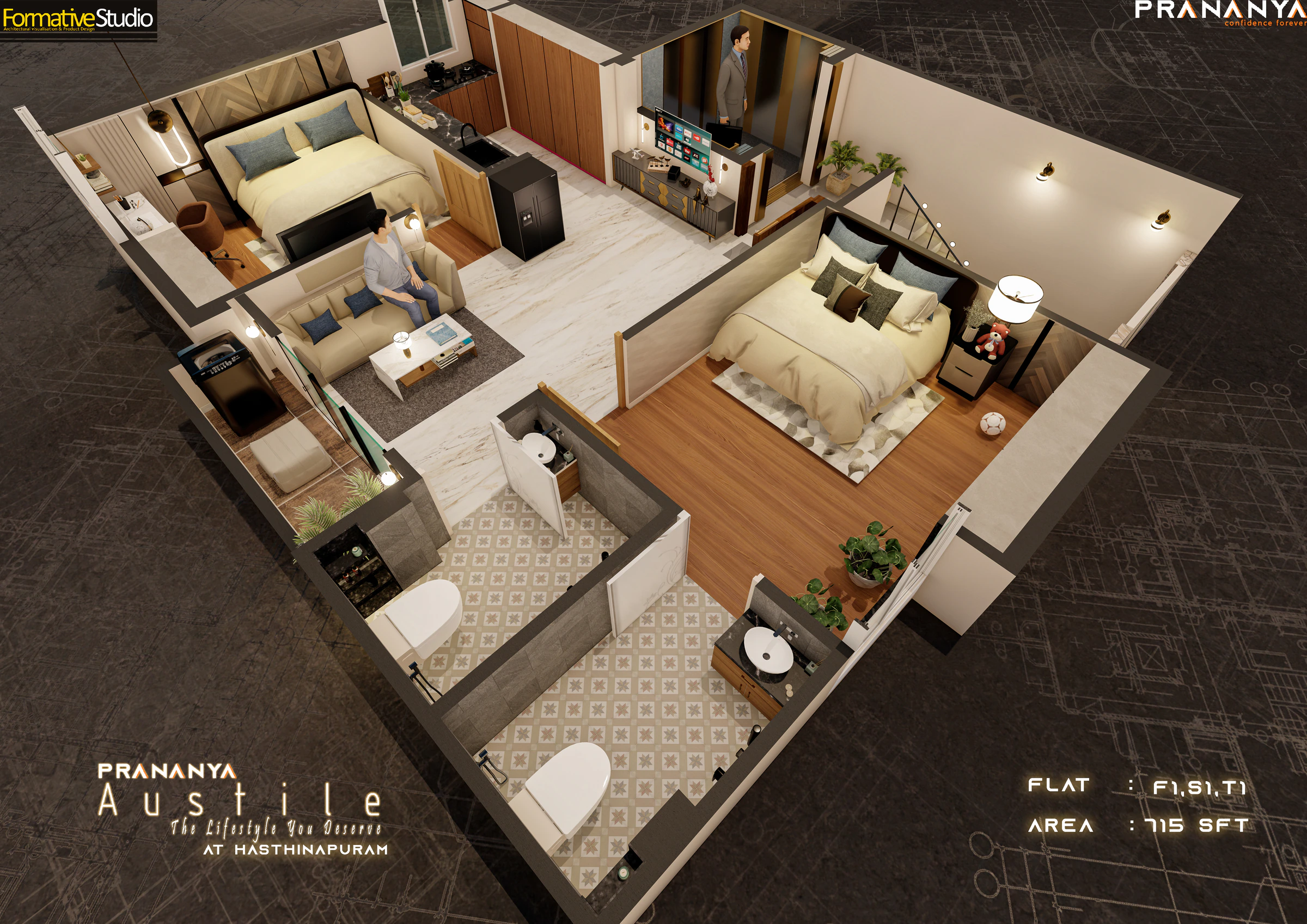 3D floor plan - Flat F1, S1 and T1 for Prananya Austile